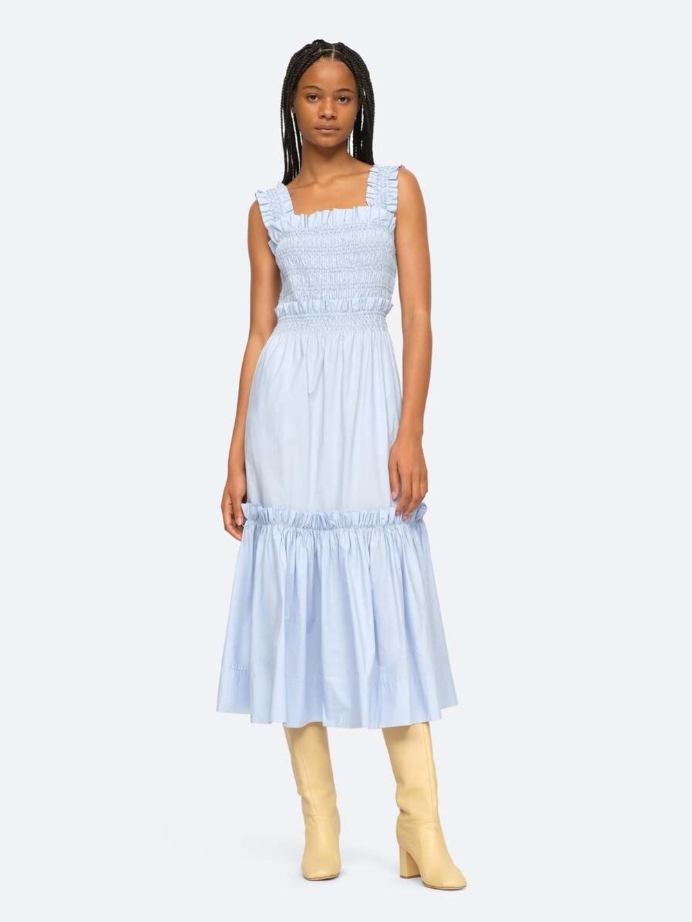 SEA New York Phoebe Cotton Smocked Tiered Dress Size Small Blue Beach Summer
